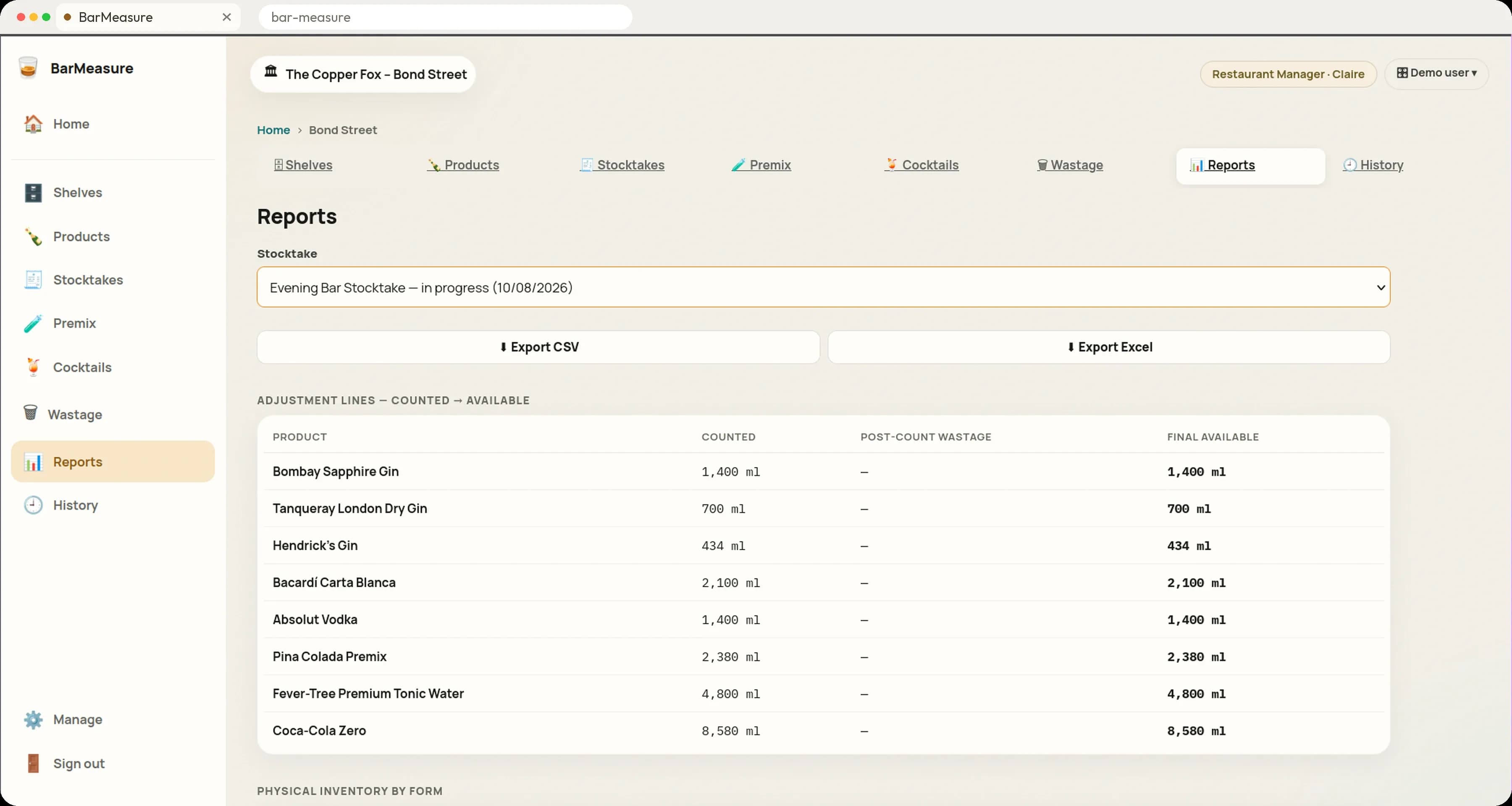 The BarMeasure reports screen, showing a table of products with counted quantities, post-count wastage and final available quantities, and export actions.