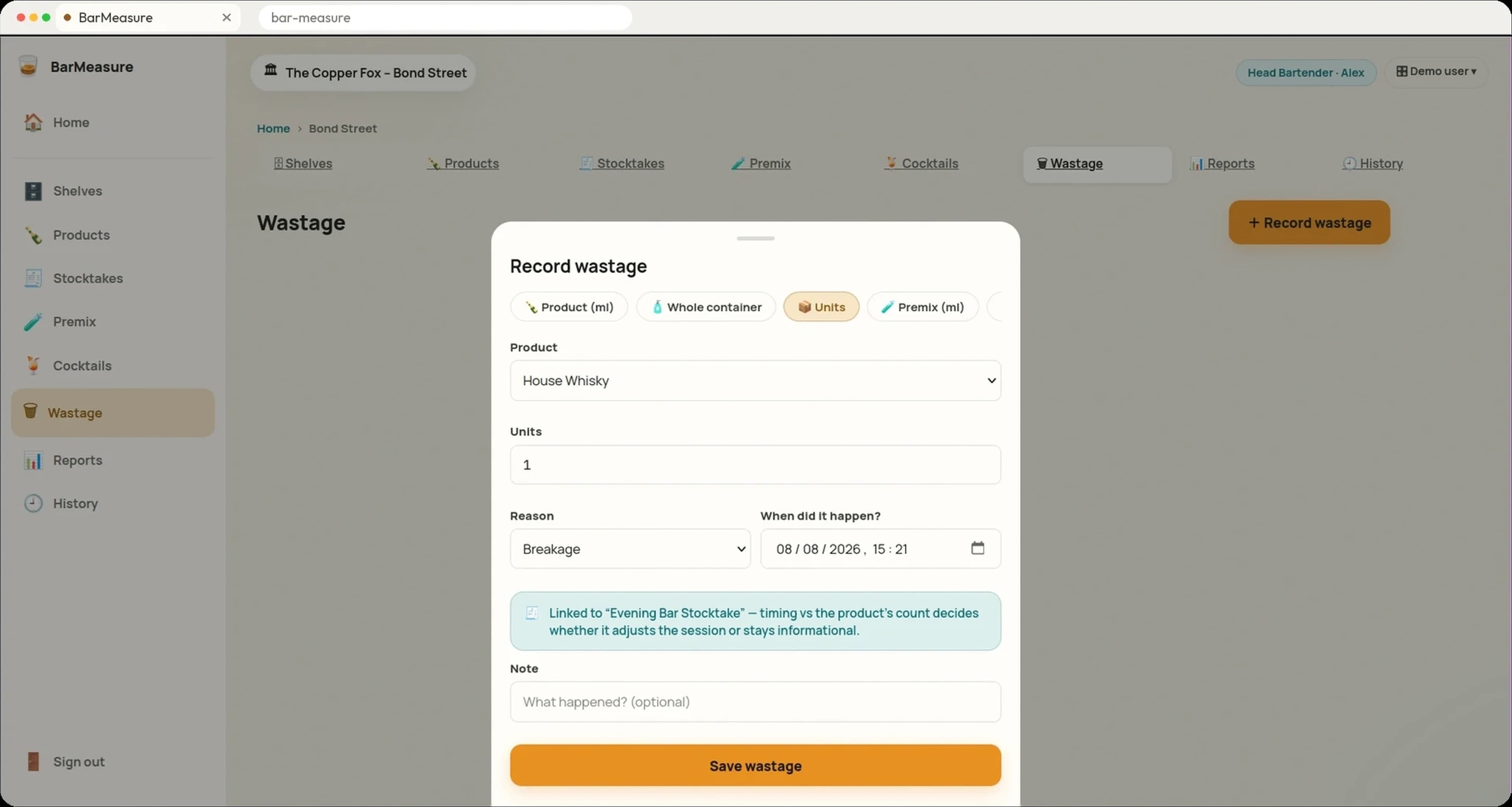 The BarMeasure wastage screen on a laptop: the section sidebar on the left and a Record wastage dialog with product, units, reason and date fields over the wastage list.